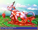 battle forehead_gem gem patron red_gem red_slime restrained slime struggling stuck syrup_bomb text trapped raptorroper vs nintendo pokemon dipplin eeveelution espeon generation_2_pokemon generation_9_pokemon pokemon_(species) english_text hi_res