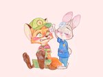 anthro barefoot blush cheek_tuft clothed clothing duo eyes_closed facial_tuft feet female flower fully_clothed fur grey_body grey_fur hat headgear headwear male pink_background plant simple_background sitting standing tuft young young_anthro strawberry628_(artist) disney zootopia judy_hopps nick_wilde canid canine fox lagomorph leporid mammal rabbit red_fox true_fox 2020 painting_(artwork) traditional_media_(artwork) traditional_painting_(artwork) traditional_watercolor_(artwork) watercolor_(artwork)