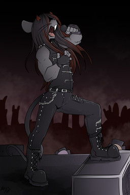 2_horns anthro biped black_boots black_bottomwear black_clothing black_fingerless_gloves black_footwear black_gloves black_hair black_handwear black_pants black_topwear black_vest boots bottomwear clothed clothing concert crowd electronics fangs fingerless_gloves footwear fur gloves grey_body grey_fur group hair hair_over_eye handwear highlights_(coloring) holding_microphone holding_object horn long_hair male microphone open_mouth pants red_highlights rocking_out shoes side_view solo stage standing step_pose teeth tongue topwear vest fuf cyprus_(cy) demon mammal mouse murid murine rodent 2019 2:3 hi_res