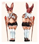 anthro armor belt big_butt boots border bottomwear brown_body brown_eyes brown_fur brown_hair butt clothing crop_top ears_up femboy footwear fur gauntlets gem gloves hair handwear healer hoodie jewelry legwear magic_user male necklace pear-shaped_figure pouch_(clothing) ruby_(gem) shirt shoes shorts slightly_chubby slightly_chubby_male smile solo staff tail teeth thick_thighs thigh_boots thigh_highs topwear white_border wide_hips kenoxpictures glass_(oc) lagomorph leporid mammal rabbit absurd_res digital_media_(artwork) hi_res