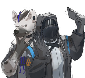 anthro clothed clothing collar duo ear_piercing eyebrow_piercing facial_piercing fur gesture gloves grey_body half-closed_eyes handwear looking_at_viewer male markings mask narrowed_eyes open_clothing piercing selfie shirt simple_background spots spotted_body spotted_fur topwear white_background w_a_t_e_r_b_e_d arknights hypergryph studio_montagne doctor_(arknights) spot_(arknights) human hyena mammal spotted_hyena 2026 hi_res