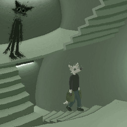 ambiguous_gender anthro black_clothing black_shirt black_topwear blue_bottomwear blue_clothing blue_pants bottomwear clothing detailed_background duo fur holding_bag light male pants shirt topwear white_body white_fur demensa canid canine canis domestic_dog mammal monster 2022 digital_media_(artwork) hi_res pixel_(artwork)