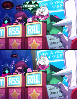anthro big_butt blush butt clothed clothing dialogue electronics eyewear female femboy for_a_head fur glasses group hair horn huge_butt long_nose male pink_eyes pink_horn purple_body scarf screen screen_face smile speech_bubble television text thick_thighs white_body white_fur wide_hips blackwhiplash deltarune undertale_(series) kris_dreemurr ralsei susie_(deltarune) tenna_(deltarune) animate_inanimate bovid caprine darkner goat human humanoid lightner mammal object_head reptile scalie screen_head tv_head 2025 digital_media_(artwork) english_text hi_res