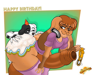 anthro balls big_balls big_penis black_body blue_clothing blue_leggings blue_legwear blue_shirt blue_topwear border brown_hair clothing countershading duo ear_piercing ear_ring gaping gaping_urethra genitals green_background green_body green_countershading hair huge_balls huge_penis humanoid_genitalia humanoid_penis hyper hyper_balls hyper_genitalia hyper_penis jewelry leggings legwear looking_back male multicolored_body penis piercing ring_piercing shirt silver_(metal) silver_jewelry simple_background smile text topwear urethra white_body white_border bunnyboi0108 sundance canid canine canis domestic_dog lagomorph leporid mammal rabbit 2026 absurd_res artist_name english_text hi_res