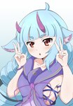 blue_hair blush breasts clothing dress female hair horn long_hair open_mouth wumbo_(artist) mythology sanrio show_by_rock!! delmin_(show_by_rock!!) animal_humanoid demon dragon dragon_humanoid humanoid mythological_creature mythological_scalie scalie absurd_res hi_res