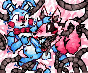 anthro big_breasts blue_body bodily_fluids bow_tie bow_tie_only breasts drooling_tongue duo exposed_endoskeleton female hand_on_chest hand_on_head imminent_oral leg_grab lipstick long_tongue machine makeup male male/female mechanical_tentacles metal_teeth metal_tentacles metal_tongue metallic_body mostly_nude mouth_on_penis nervous nervous_sweat pink_body red_lipstick restrained restrained_by_tentacles rosy_cheeks sharp_teeth startled sweat sweatdrop teeth tentacles thigh_grab tongue tremble_spikes twitching white_body wide_eyed scaliescum five_nights_at_freddy's five_nights_at_freddy's_2 scottgames mangle_(fnaf) toy_bonnie_(fnaf) animatronic canid canine fox lagomorph leporid mammal rabbit robot aliasing digital_media_(artwork)