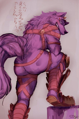anthro armor boots butt clothing fluffy fluffy_tail footwear fur horn looking_at_viewer looking_back looking_back_at_viewer male mostly_nude purple_body purple_fur rear_view shoes smile solo tail text unconvincing_armor chocoaanpa lifewonders tokyo_afterschool_summoners bathym_(tas) canid canine canis demon mammal wolf japanese_text