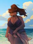 5_fingers anthro beach black_nose breasts brown_body brown_fur brown_hair cleavage clothed clothing eyes_closed female fingers fur hair long_hair one-piece_swimsuit outside seaside sky slightly_chubby solo swimwear thick_thighs water thetiedtigress bear mammal 2019 3:4