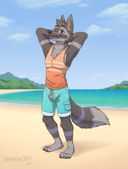 anthro beach cheek_tuft chest_fur chest_tuft claws clothing ear_piercing ear_ring facial_tuft fluffy fluffy_chest fluffy_tail fur grey_body grey_fur half-closed_eyes hands_behind_head head_tuft looking_at_viewer male multicolored_body multicolored_fur narrowed_eyes open_mouth orange_clothing orange_shirt orange_tank_top orange_topwear pawpads paws piercing pointy_ears purple_body purple_eyes purple_fur purple_nose raised_arm ring_piercing shirt solo swimming_trunks swimwear tail tank_top teal_clothing teal_swimming_trunks teal_swimwear toe_claws topwear tuft aar0njay dl_wolf_(dl2288) canid canine canis mammal wolf hi_res