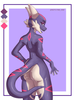 2_horns anthro big_butt black_lips bodily_fluids butt butt_focus color_swatch female horn lidded_eyes lips looking_at_viewer looking_back looking_back_at_viewer markings multicolored_body nude open_mouth open_smile pink_markings purple_background purple_body rear_view sharp_teeth simple_background smile solo standing sweat tail teeth notlynn_one kayla_(notlynn) kobold scalie 3:4 hi_res portrait three-quarter_portrait