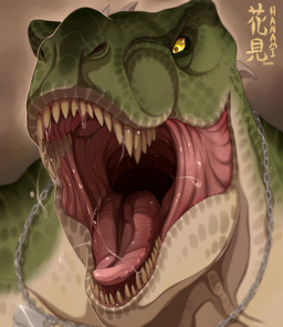 anthro bodily_fluids green_body green_scales male mouth_shot no_sclera open_mouth saliva scales sharp_teeth solo teeth tongue yellow_eyes ravalicious rocco_(tallion) dinosaur prehistoric_species reptile saurischian scalie theropod tyrannosaurid tyrannosauroid tyrannosaurus tyrannosaurus_rex hi_res