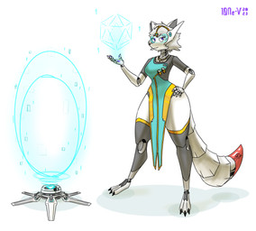 anthro clothing dress female grey_hair hair hand_on_hip hologram icosahedron looking_at_viewer machine pelvic_curtain polyhedron portal purple_eyes solo teleportation thick_thighs visor white_body wide_hips 10ne-v blizzard_entertainment overwatch alexa_(10ne-v) symmetra_(overwatch) canid canine fox living_machine mammal robot absurd_res hi_res