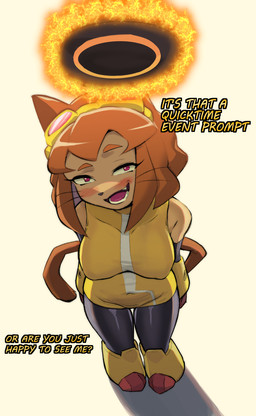 anthro areola areola_outline bedroom_eyes big_breasts biped blush breaking_the_fourth_wall breasts brown_hair button_prompt cast_shadow circle_button clothed clothing dialogue female first_person_view flirting flirting_with_viewer foreshortening gameplay_mechanics hair high-angle_view looking_at_viewer looking_up narrowed_eyes open_mouth open_smile puffy_areola pupils quick_time_event seductive shadow simple_background smile solo standing talking_to_viewer text user_interface whiskers yellow_clothing nico-mo gameoverse glitch_productions god_of_war playstation sony_corporation sony_interactive_entertainment kit_bodega domestic_cat felid feline felis mammal digital_drawing_(artwork) digital_media_(artwork) english_text full-length_portrait hi_res portrait