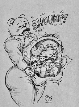 abdominal_bulge anthro antlers big_butt bloated blush blush_lines bodily_fluids bubble burping butt chest_tuft clothed clothing crouching curvy_figure distressed duo fingers forced gas hand_on_belly hat headgear headwear holding_belly hooved_fingers hooves horn internal jumpsuit larger_pred male male/male open_mouth oral_vore size_difference smaller_anthro sound_effects struggling struggling_prey surprised sweat sweatdrop teeth tongue tuft unwilling_prey vore wide_eyed wide_hips blubberbuck one_piece bepo_(one_piece) tony_tony_chopper bear cervine deer mammal minkmen_(one_piece) new_world_deer polar_bear reindeer ursine 2025 hi_res monochrome shaded traditional_media_(artwork)