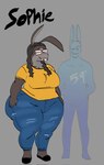 anthro big_breasts big_butt bottomwear braces breasts brown_body brown_fur butt clothed clothing denim denim_bottomwear denim_clothing eyewear female front_view fully_clothed fur glasses huge_butt huge_thighs jeans long_ears nerd pants pigtails rectangular_glasses shirt solo standing t-shirt thick_thighs topwear mooncheese sophie_(mooncheese) equid equine hybrid mammal mule hi_res