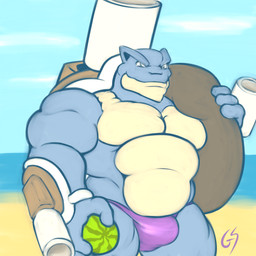 4_fingers anthro anthrofied back_cannon beach biceps big_muscles blue_background blue_body blue_scales bulge cannon clothed clothing cloud day detailed_background fingers food front_view fruit holding_object huge_muscles looking_at_viewer male manly melon multicolored_body multicolored_scales musclegut muscular muscular_anthro muscular_arms muscular_male no_pupils obliques outside pecs plant pokemorph pose purple_clothing ranged_weapon sand scales sea seaside simple_background smile solo speedo standing swimwear tan_body tan_scales topless two_tone_body two_tone_scales underwear water watermelon weapon wrist_gun glaciersnow nintendo pokemon generation_6_pokemon mega_blastoise mega_evolution pokemon_(species) scalie 1:1 2015 blue_theme digital_media_(artwork) pinup portrait signature three-quarter_portrait