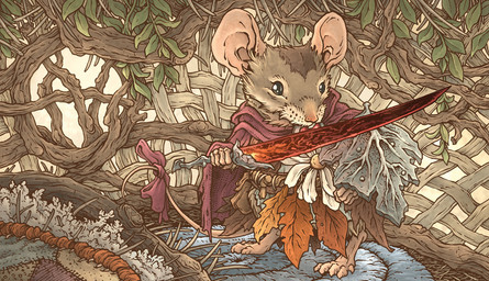 ambiguous_gender anthro barefoot brown_body brown_fur digitigrade feet fur holding_melee_weapon holding_object holding_sword holding_weapon inside leaf_clothing melee_weapon scarf shield solo standing sword tail weapon window david_petersen hasbro magic:_the_gathering wizards_of_the_coast mabel_(magic:_the_gathering) mammal mouse murid murine rodent 2024 official_art female_(lore)