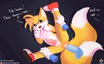 anthro anus balls bed blush canid canine clothing dialogue digital_media_(artwork) disembodied_hand duo english_text explicitly_stated_nonconsent floating_hands footwear forced fox furniture genitals gloves handwear hi_res lying male male/male mammal miles_prower on_back on_side patreon patreon_logo penis rape sega senz shoes solo_focus sonic_the_hedgehog_(series) spread_legs spreading text twitter twitter_logo url white_clothing white_gloves white_handwear