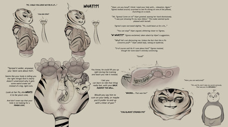 4_fingers 4_toes anthro anthro_on_feral anus aroused bestiality bite biting_lip blush bodily_fluids breasts bulge butt cervical_contact clothing dirty_talk duo ejaculation erection erection_under_clothing feet female female/female feral fingers genital_fluids internal internal_vaginal male motion_outline narrowed_eyes nipples nude penetration shaking small_breasts stripes tail tail_fetish tail_insertion tail_play teasing text toes tremble_spikes trembling trembling_for_pleasure uterus vaginal vaginal_fluids vaginal_penetration vaginal_squirting x-ray_view sanido dreamworks kung_fu_panda master_po_ping master_tigress master_viper felid mammal pantherine reptile scalie snake tiger absurd_res english_text hi_res multiple_scenes story