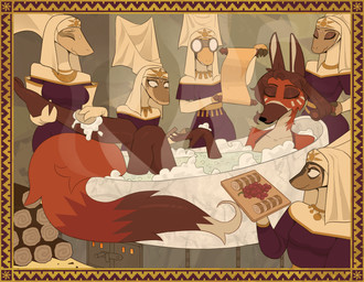anthro bathing bathtub bodily_fluids boiling_water bread_roll brown_eyes bubble clothing dipstick_tail dress ears_up eyes_closed eyewear female food fruit fur furnace glasses gloves grape group hair handwear headdress horn jewelry log long_tail manicure markings nude personal_grooming plant scroll soap_bubbles steam styling_hair sweat tail tail_markings wood yitexity tinderkell lightkeeper_kivari antelope bovid canid mammal 2025 absurd_res hi_res