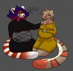 anthro belly big_belly both_pregnant duo eyewear female glasses multiple_pregnancies orange_body pregnant tan_body white_body rilewd ailurid genet mammal red_panda viverrid riley_(disambiguation) hi_res