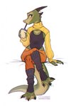 bodysuit clothing horn leg_warmers legwear male piercing skinsuit solo thick_thighs tight_clothing lostgoose scree_(character) lizard reptile scalie scree 2022 hi_res