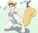 anthro big_breasts blonde_hair breasts camel_toe clothing crouching duo exercise_clothing female fluffy fluffy_tail frown fur hair nipple_outline silhouette simple_background solo_focus spread_legs spreading tail tight_clothing white_body white_fur walas21 animaniacs warner_brothers minerva_mink lagomorph leporid mammal mink mustelid musteline rabbit true_musteline absurd_res hi_res