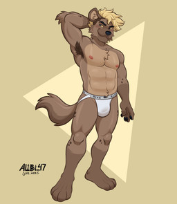 4_toes abs anthro arm_tuft armpit_hair athletic athletic_male biceps black_eyebrows black_eyes blonde_hair blush body_hair brown_background brown_body brown_fur brown_inner_ear_fluff brown_spots bulge cheek_tuft chest_tuft chin_tuft clothed clothing countershading deltoids elbow_tuft eyebrows facial_tuft feet fingerpads fur geometric_background gloves_(marking) hair hand_behind_head inner_ear_fluff jockstrap jockstrap_only leg_markings looking_aside male markings nipples pawpads pecs pink_nipples short_hair simple_background smile socks_(marking) solo spots standing tail text toes topless tuft underwear underwear_only whisker_spots white_clothing white_jockstrap white_underwear yellow_sclera alibi_47 bike_(brand) conor_(pizzatrash) hyena mammal 2025 artist_name dated full-length_portrait hi_res portrait signature