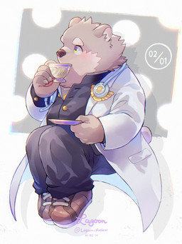 anthro belly blush bottomwear chibi clothing container cup doctor drinking humanoid_hands kemono medical_instrument overweight pants scientific_instrument shirt sitting solo topwear lagoon_bluebear lifewonders tokyo_afterschool_summoners jambavan_(tas) bear mammal 2022 hi_res