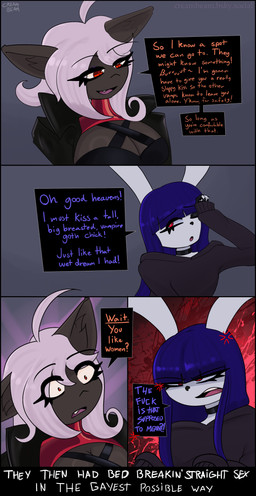 anthro breasts choker cleavage clothed clothing coat colored_nails dialogue female femboy fingerless_gloves gloves handwear hoodie jewelry latex latex_clothing male nails necklace speech_bubble text topwear creambeam riley_(creambeam) roxanne_(creambeam) bat lagomorph leporid mammal rabbit vampire absurd_res comic english_text hi_res