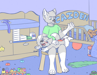 anthro ball bedroom block bodily_fluids butt_slap changing_table clothing crying diaper duo padding plushie slap spanking tears toddler toy train vehicle young young_anthro kiuro caiden canid canine canis deer mammal moose new_world_deer wolf