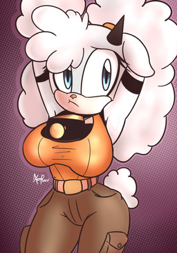 anthro bell bell_collar belt big_breasts black_horn blue_eyes bottomwear breasts brown_bottomwear brown_clothing brown_pants clothed clothing collar ears_down eyelashes female front_view fur hands_behind_head head_tuft horn looking_at_viewer orange_clothing orange_topwear pants pink_nose pivoted_ears purple_background simple_background solo tan_body tan_fur thick_thighs topwear tuft white_body white_fur wide_hips xenrevv idw_publishing sega sonic_the_hedgehog_(comics) sonic_the_hedgehog_(idw) sonic_the_hedgehog_(series) lanolin_the_sheep_(sonic) bovid caprine mammal sheep hi_res