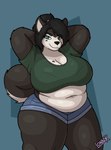 anthro arms_above_head belly belly_overhang big_belly big_breasts bra_lines breasts cleavage clothed clothing curvy_figure deep_navel female huge_breasts markings mole_(marking) navel overweight overweight_anthro overweight_female slightly_chubby slightly_chubby_anthro slightly_chubby_female solo thick_thighs voluptuous wide_hips lonnyk kayla_(lonnyk) canid canine canis domestic_dog husky mammal nordic_sled_dog spitz hi_res