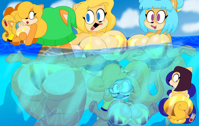 5_fingers accessory anthro between_breasts big_breasts big_butt bikini bikini_bottom bikini_thong bikini_top blonde_hair blue_eyes blue_hair breasts bubble_butt butt clothing curvy_figure detailed_background eyelashes eyewear face_between_breasts facesitting female fingers fur goggles gold_bikini gold_bikini_bottom gold_bikini_top gold_hair_tie green_eyes green_hair group hair hair_accessory hair_over_eye hair_tie hands_on_hips huge_breasts huge_butt huge_hips huge_thighs lipstick long_hair makeup markings mole_(marking) motion_lines multicolored_body multicolored_fur open_mouth open_smile orange_body orange_fur outside oxygen_bar partially_submerged ponytail purple_eyes purple_hair purple_lipstick red_lipstick scuba_gear scuba_tank sea sea_water sitting sitting_on_another smile swimming swimming_goggles swimwear tan_body tan_fur text thick_thighs tongue two-piece_swimsuit two_tone_body two_tone_fur underwater voluptuous voluptuous_anthro voluptuous_female water wide_hipped_anthro wide_hipped_female wide_hips 3barts activision crash_bandicoot_(series) crash_team_racing_(series) crash_team_racing_nitro-fueled ami_bandicoot coco_bandicoot isabella_bandicoot liz_bandicoot megumi_bandicoot nitro_squad tawna_bandicoot bandicoot mammal marsupial 2026 absurd_res comic digital_drawing_(artwork) digital_media_(artwork) hi_res