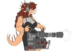 anthro big_breasts breasts brown_hair choker cleavage clothed clothing female gatling_gun gun hair jewelry long_hair machine_gun minigun muscular necklace orange_body ranged_weapon red_eyes shooting shooting_gun side_view simple_background solo spiked_tail spikes spikes_(anatomy) tail translucent translucent_clothing weapon white_background prometheuzone cavemanon_studios goodbye_volcano_high snoot_game rosa_(gvh) aquilops ceratopsian dinosaur ornithischian prehistoric_species reptile scalie colored