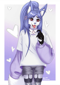 anthro big_ears blue_hair clothing collar femboy fluffy fluffy_tail fur hair heart_symbol legwear long_ears long_hair looking_at_viewer makeup male mati_shawn(satikurosawa) multicolored_body red_eyes simple_background solo stockings streetwear tail tongue tongue_out sati_kurosawa canid canine fox mammal absurd_res hi_res