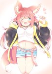 belt blue_eyes bottomwear clothing female hair heart_symbol jacket one_eye_closed red_hair shirt shorts solo topwear minato_yuu animal_humanoid canid canid_humanoid canine canine_humanoid fox_humanoid humanoid mammal mammal_humanoid 2019 absurd_res hi_res