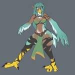 anthro avian_feet beak blue_eyes bottomwear bra breasts claws clothed clothing dark_body dark_skin feather_growth feather_hands feathers female fused_toes green_body green_feathers green_hair grey_background growth hair humanoid_to_anthro leggings legwear loincloth midriff scuted_legs scutes simple_background solo species_transformation tattoo toe_claws torn_clothing torn_leggings torn_legwear transformation underwear winged_arms wings sepisnake nintendo the_legend_of_zelda lyn_(z-ray) avian bird elf humanoid rito 1:1