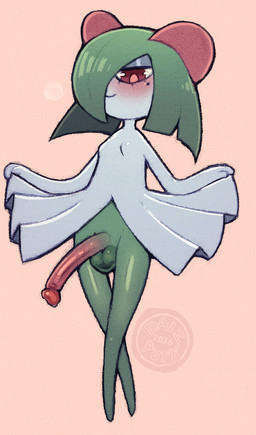 balls big_penis blush bottomwear breasts clothed clothing darkened_balls darkened_genitalia featureless_breasts femboy genitals humanoid_genitalia humanoid_penis male mole_under_eye penis presenting presenting_penis raised_bottomwear raised_clothing raised_skirt skirt small_breasts smile smiling_at_viewer dalipuff nintendo pokemon generation_3_pokemon kirlia pokemon_(species) digital_drawing_(artwork) digital_media_(artwork) hi_res