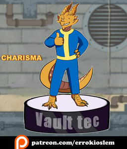 chibi claws clothing gesture green_eyes hand_gesture horn male scales solo standing tail text thumbs_up uniform vault_suit errokioslem fallout microsoft mythology dragon mythological_creature mythological_scalie scalie hi_res url
