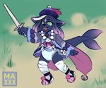 anthro clothed clothing cosplay diaper female footwear fur grass hair holding_melee_weapon holding_object holding_weapon melee_weapon open_mouth outside plant smile solo standing sword tail topwear weapon wearing_diaper young young_anthro maxwtv genshin_impact mihoyo canid canine fox mammal digital_media_(artwork) hi_res