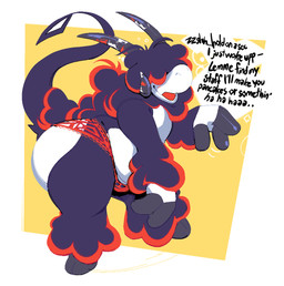 3_fingers anthro bent_over black_body black_fur blush blush_lines bottom_heavy clothed clothing curled_fur curly_hair dialogue femboy fingers fur hair hair_over_eyes highlights_(coloring) hooves horn male panties panties_only red_highlights shortstack shortstack_male side_view simple_background solo speech_bubble talking_to_viewer thick_thighs topless underwear underwear_only waking_up white_body white_fur wool_(fur) boot_(artist) rhombos bovid caprine goat mammal 2025 digital_media_(artwork)
