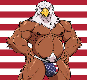 beak biceps brown_body bulge clothed clothing hands_on_hips jockstrap jockstrap_only looking_at_viewer male musclegut muscular navel nipples pubes solo topless underwear underwear_only posstype accipitrid accipitriform avian bald_eagle bird eagle sea_eagle absurd_res hi_res portrait
