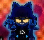 anthro bangs choker claws devil_horns_(gesture) dithering female finger_claws gesture hand_gesture jewelry necklace solo spiral_eyes text wazzaldorp billie_(wazzaldorp) domestic_cat felid feline felis mammal 2023 absurd_res english_text hi_res