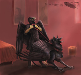 ambiguous_gender anthro anthro_on_feral anthro_penetrating anthro_penetrating_feral beak bedroom bestiality collar dominant duo eyes_closed feathered_wings feathers feral feral_penetrated from_behind_position inside interspecies leash leash_pull male penetration quadruped sex standing tail wings red-izak mythology kornel orzel accipitrid accipitriform avian bird corvid eagle gryphon mythological_avian mythological_creature oscine passerine 2006 red_theme