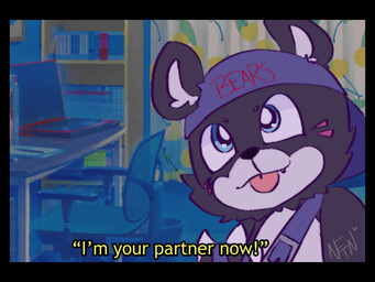 anthro black_body black_border black_fur black_nose border chibi clothing cute_fangs fangs fur hat headgear headwear inside multicolored_body multicolored_fur solo teeth text two_tone_body two_tone_fur white_body white_fur nerdfromthenet bandai_namco digimon bear bearmon digimon_(species) mammal 2020 4:3 english_text