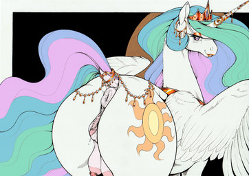 animal_genitalia animal_vulva anus big_butt big_teats blue_hair blue_tail bodily_fluids butt clitoral_winking clitoris crown dock_(anatomy) ear_piercing ear_ring equine_anus equine_genitalia equine_vulva female female_feral feral genital_fluids genitals green_hair green_tail hair headgear horn jewelry long_hair makeup multicolored_hair multicolored_tail nipple_piercing nipples piercing pink_hair pink_tail puffy_anus purple_hair purple_tail quadruped rear_focus ring_piercing simple_background solo tail tail_aside teats thick_thighs three-quarter_view vaginal_fluids vulva wings longinius third-party_edit friendship_is_magic hasbro my_little_pony mythology princess_celestia_(mlp) equid equine mammal mythological_creature mythological_equine winged_unicorn absurd_res color_edit colored hi_res traditional_media_(artwork)