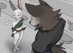 anthro balls bite_mark blue_eyes blush bottomwear breasts brown_body brown_fur brown_tail chastity_cage chastity_device clothed clothed_anthro clothed_gynomorph clothed_intersex clothed_male clothing clothing_lift duo flat_chastity_cage fully_clothed fully_clothed_anthro fully_clothed_male fur genitals gynomorph inside intersex male notched_ear partially_clothed partially_clothed_anthro partially_clothed_gynomorph partially_clothed_intersex presenting_chastity_cage scar scratch_mark skirt skirt_lift standing tail topwear white_body white_fur schmutzo canid canine canis lagomorph leporid mammal rabbit wolf 2025 digital_media_(artwork) hi_res