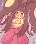 anthro aroused_smile breasts cute_fangs fangs female heart_symbol looking_at_viewer navel simple_background solo teeth text urumin3939 nintendo pokemon generation_6_pokemon mega_evolution mega_mawile pokemon_(species) 5:6 hi_res japanese_text