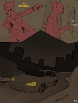 anthro car city city_background clothed clothing coat comic_panel dialogue dressing driving fully_clothed grey_eyes lab_coat night solo text topwear vehicle wall_panel yellow_text conditional_dnp dacad tyler_(dacad) domestic_ferret mammal mustelid musteline true_musteline weasel comic english_text hi_res restricted_palette